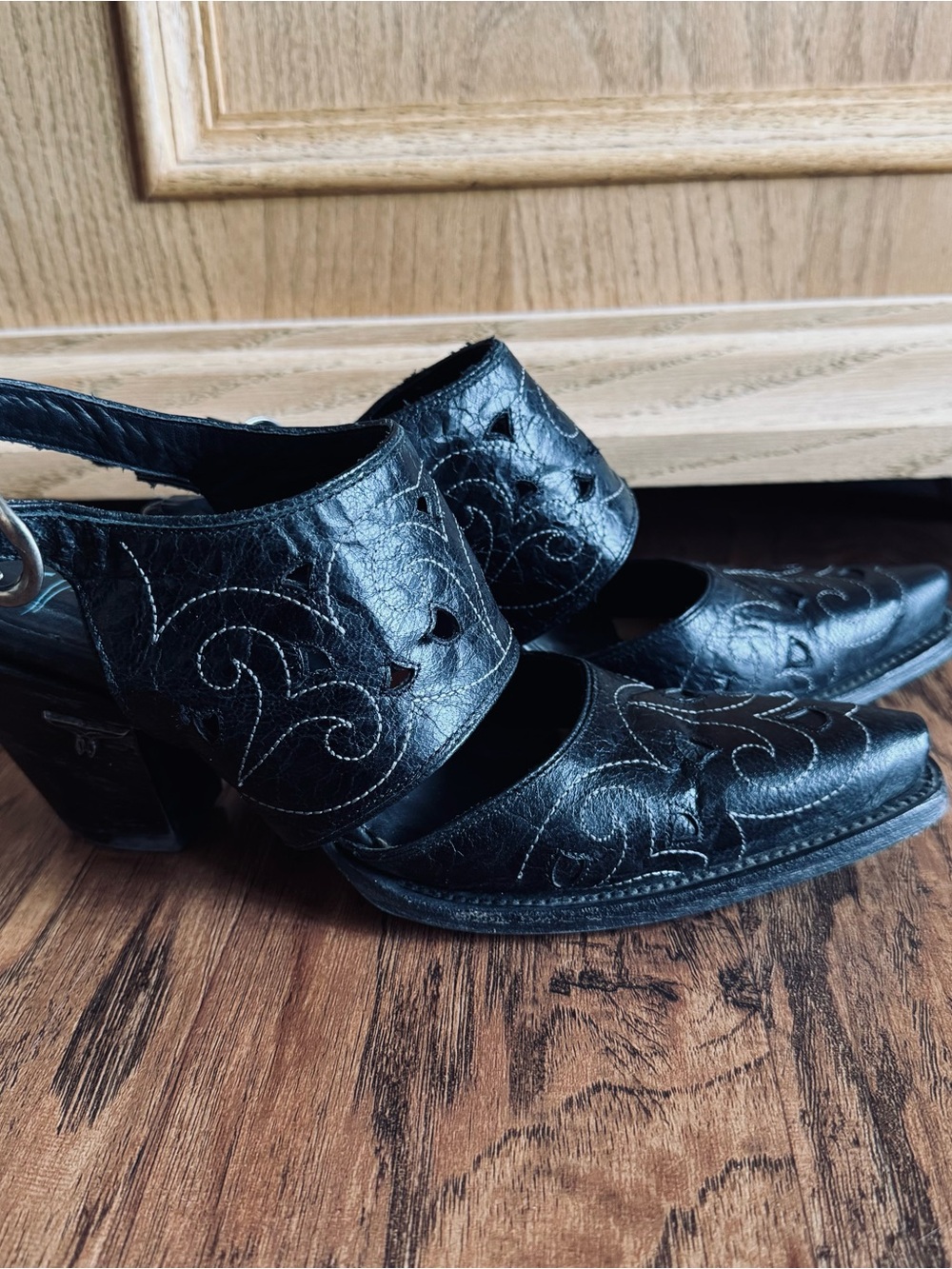 Miss Macie Embroidered Black Leather Slingback Cowboy Heels
